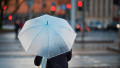 Woman,With,White,Umbrella,Waiting,Signal,For,Cross,Walk,During