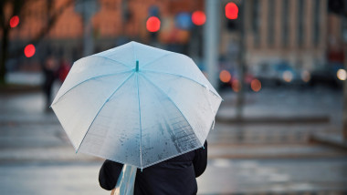 Woman,With,White,Umbrella,Waiting,Signal,For,Cross,Walk,During