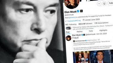 Boryspil . Ukraine . 29 October 2024 .Elon Musk Twitter profile page with a smartphone in his hand. In the background is a defocused portrait of Elon