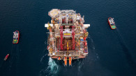 An aerial view of Transocean Barents, an oil platform passing through the Bosporus in Istanbul