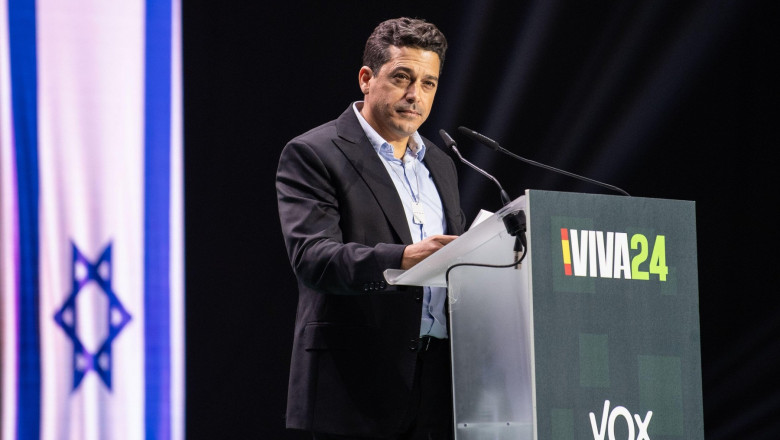 Madrid, Spain. 19th May, 2024. Amichai Chikli, Minister of Diaspora Affairs of Israel speaking during the "Europa Viva 24" conference organized by far right wing party Vox at Palacio de Vistalegre. Far right wing politicians from different countries have