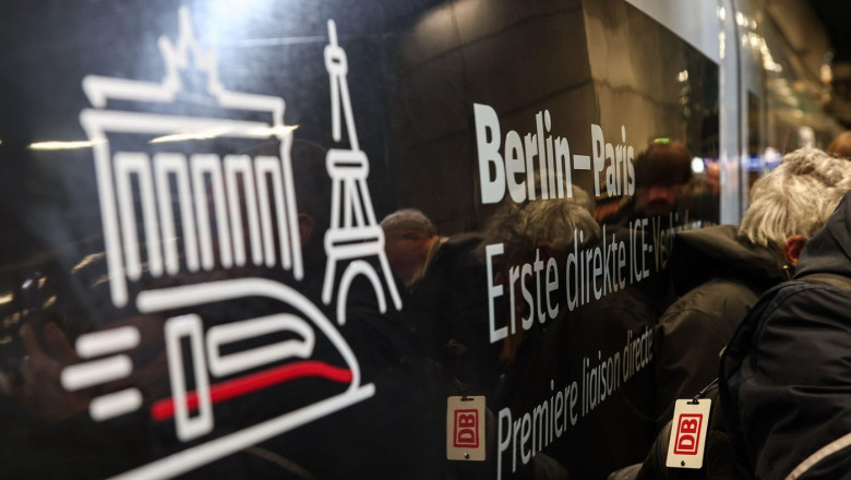 Berlin, Germany. 16th Dec, 2024. A sticker with the Eiffel Tower and the Brandenburg Gate can be seen on a window of the first ICE train on the direct route from Berlin to Paris. Credit: Hannes P. Albert/dpa/Alamy Live News