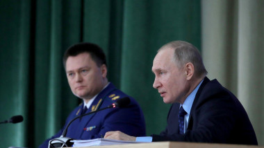 March 17, 2020. - Russia, Moscow. - Russian President Vladimir Putin (right) and Prosecutor-General Igor Krasnov attend an extended board meeting of the Prosecutor-General's Office.