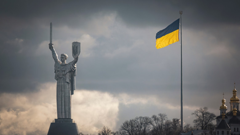 Iconic,Kyiv,City,View.,Ukrainian,Flag,And,Motherland,Monument,On