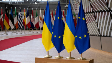 Brussels, Belgium. 6th Oct, 2020. EU and Ukrainian flags in EU Council building during the EU-Ukraine Summit. Credit: ALEXANDROS MICHAILIDIS/Alamy Live News