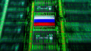 Computer boards with Russia flag, symbolic photo Cyberattacken, Computerplatinen mit Russland-Fahne, Symbolfoto Cyberattacken