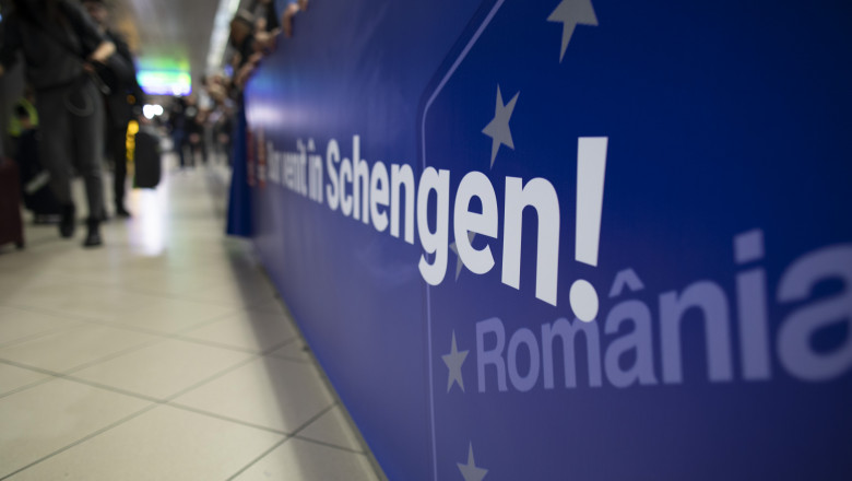 A banner reading "Welcome to Schengen" is displayed at the arrivals section of Henri Coanda International Airport