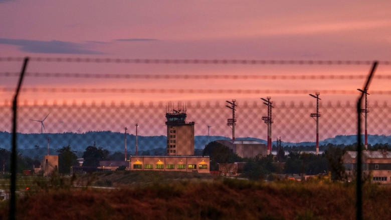 Miesenbach, Germany. 01st Aug, 2024. The tower of Ramstein Air Base at sunset. Ramstein Air Base is a military airfield of the United States Air Force, the headquarters of the United States Air Forces in Europe. Credit: Andreas Arnold/dpa/Alamy Live News