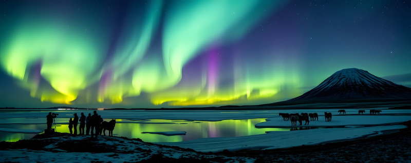 Northern lights illuminate Iceland's landscape with grazing cattle