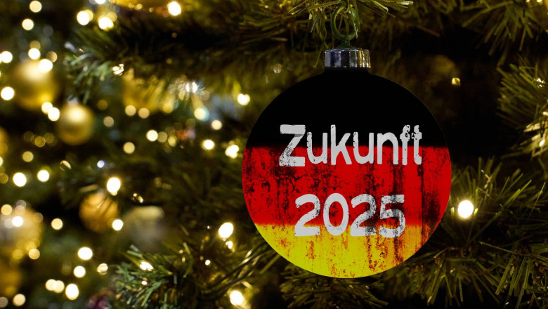 Bavaria, Germany - 8 December 2024: A Christmas tree bauble with the inscription Future 2025 in the colors of the German