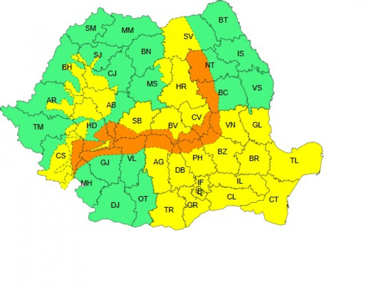 Hartă Muntenia, Dobrogea, sudul Moldovei, estul și sudul Transilvaniei, cod galben de vânt