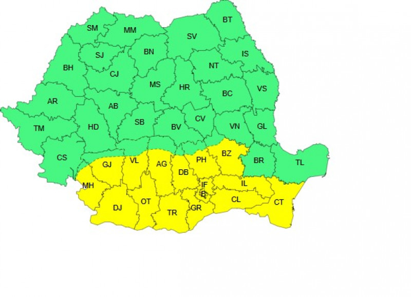 Hartă Oltenia, cea mai mare parte a Munteniei și sudul Dobrogei, cod galben de ploi