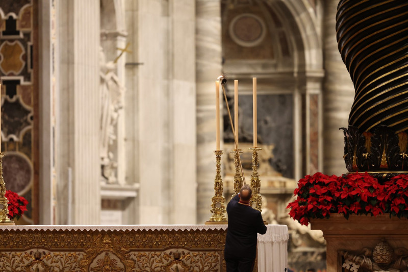 Pope Francis opens the Holy Door in St. Peter's Basilica for the Jubilee 2025, celebrates Christmas Mass in front of thousands of faithful, in St. Peter's Basilica Vatican City Rome