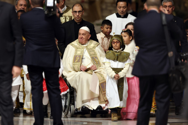 Pope Francis opens the Holy Door in St. Peter's Basilica for the Jubilee 2025, celebrates Christmas Mass in front of thousands of faithful, in St. Peter's Basilica Vatican City Rome