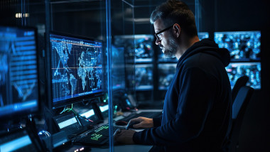 Side view of hacker in eyeglasses using computer in server room