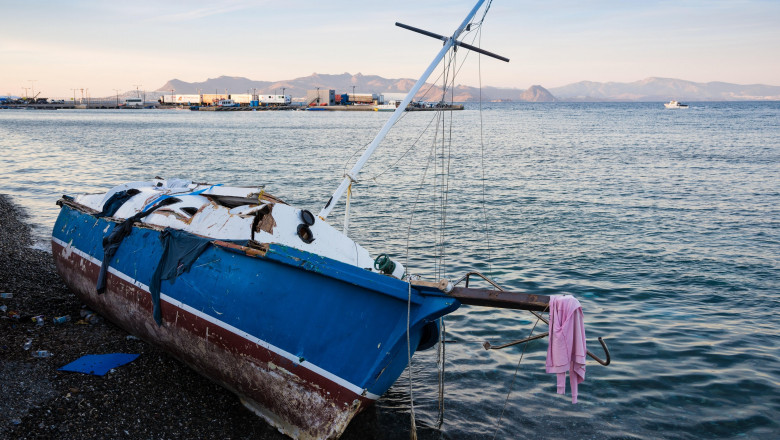 Damaged ship on October 14, 2015 in the harbor of Kos island, Greece.