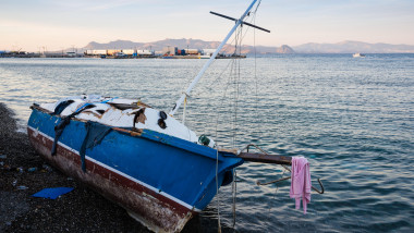 Damaged ship on October 14, 2015 in the harbor of Kos island, Greece.