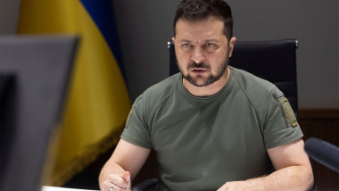 Kyiv, Ukraine. 28th Sep, 2022. Ukrainian President Volodymyr Zelenskyy, listens during special meeting of the UN Security Council called to respond to the Russian referendum to annex Ukrainian territory via video conference from the Mariinskyi Palace, Sep