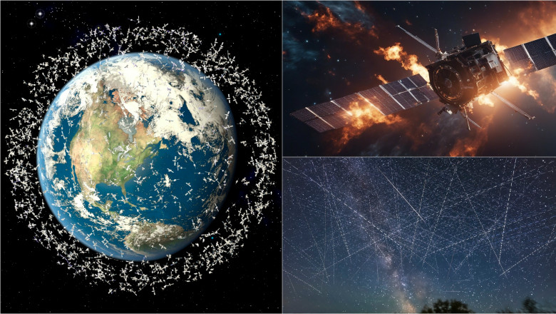 colaj cu ilustrații cu Pământul înconjurat de gunoi spațial, un satelit care explodează și cerul plin de