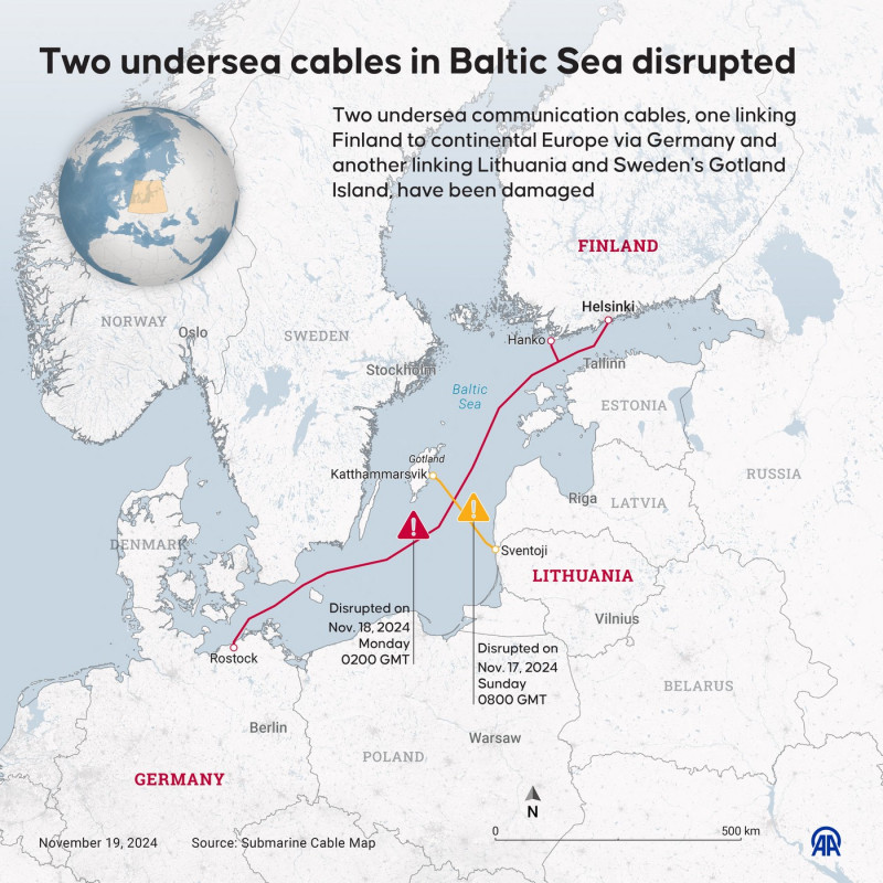 Two undersea cables in Baltic Sea disrupted