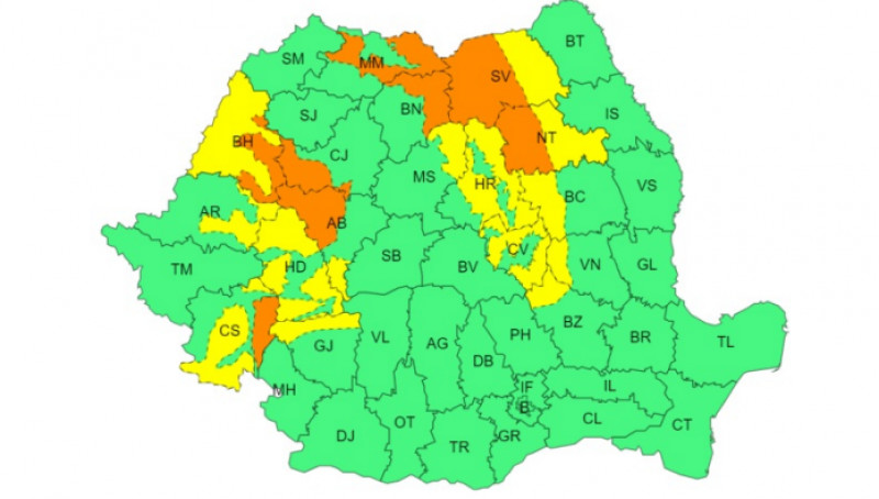 Cod Galben de vânt puternic este valabil pentru Munții Apuseni, Carpații Orientali și jumătatea de vest a Carpaților Meridionali