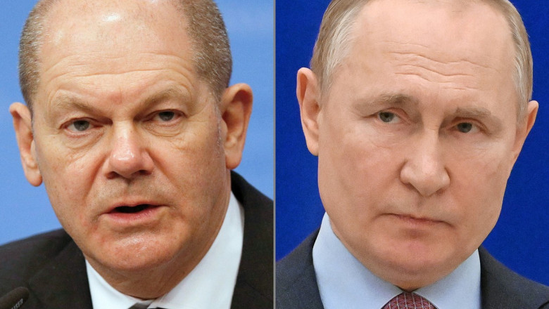 Olaf Scholz (stânga) Vladimir Putin (dreapta)