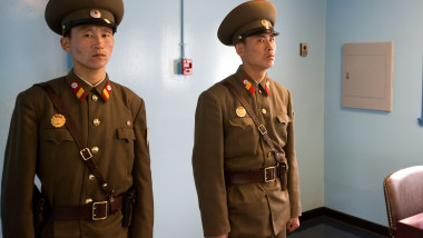 North Korean army soldiers on the 38th parallel at Panmunjom (North Korea, DPRK)