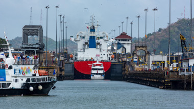 Gas tanker ship moving into Miraflores Locks on Panama Canal