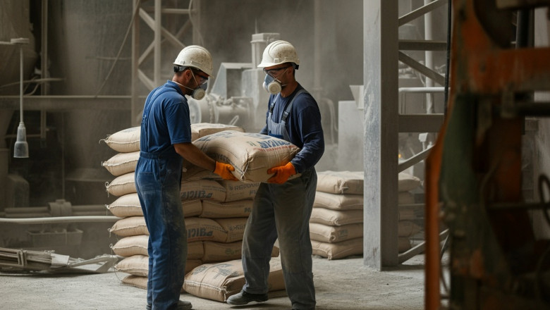 Cement,Factory,Workers,Handling,Cement,Sacks,Using,Personal,Protective,Equipment: