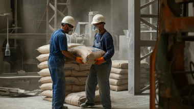 Cement,Factory,Workers,Handling,Cement,Sacks,Using,Personal,Protective,Equipment: