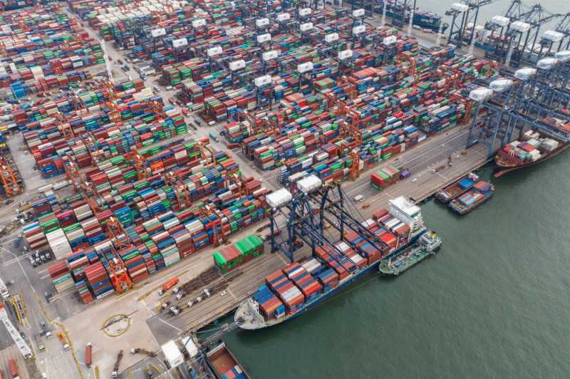 Kwai Tsing, Hong Kong 08 June 2022: Top view of Hong Kong cargo terminal port