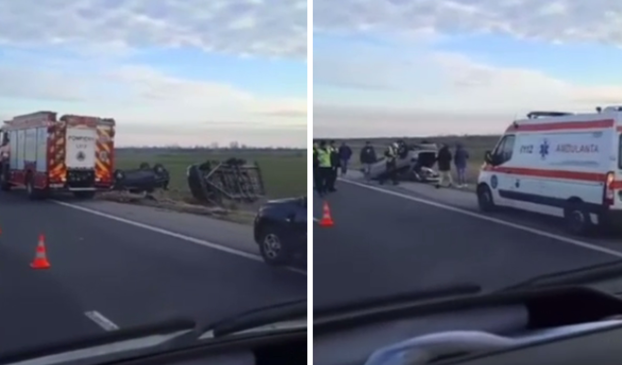 VIDEO. Şapte maşini implicate într-un accident pe A1. Trei vehicule s-au răsturnat, iar trei persoane au fost transportate la spital