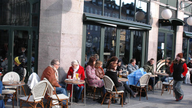 People enjoy sunny spring day at Cafe Norden Copenhagen Denmark March 14,2006