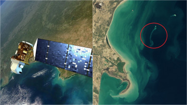 ilustrație cu un satelit NASA deasupra Mării Caspice / imagine din satelit cu insula fantomă din Marea Caspica