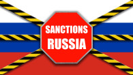 Sanctions to Russia. Stop sign and caution tape over the Russian