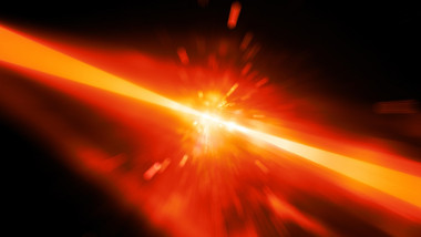 Red glowing laser beams hitting the target, explosion, computer generated abstract background, 3D rendering