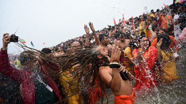 Prayagraj:,Kinner,Akhara,Sadhus,Take,A,Holy,Dip,At,The