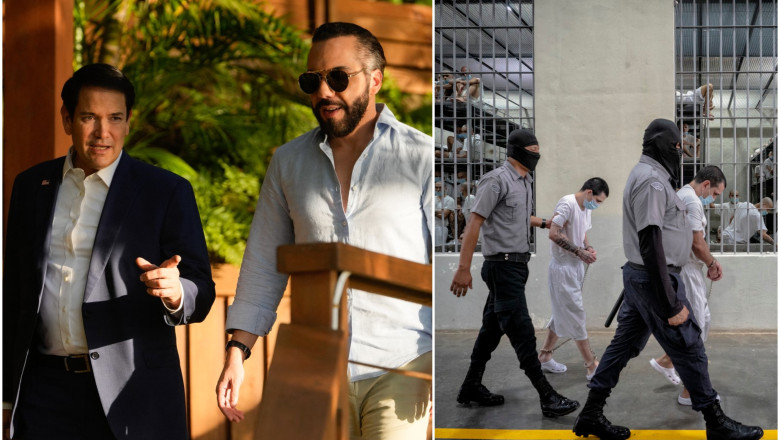 Marco Rubio, Nayib Bukele, și deținuți în „mega-închisoarea” din El Salvador.