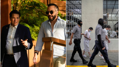 Marco Rubio, Nayib Bukele, și deținuți în „mega-închisoarea” din El Salvador.