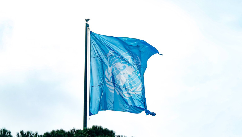 UNO, Vereinte Nationen, blaue Flagge, Globus, internationale Zusammenarbeit, Weltfrieden, Nachhaltigkeit, Klimaschutz, F