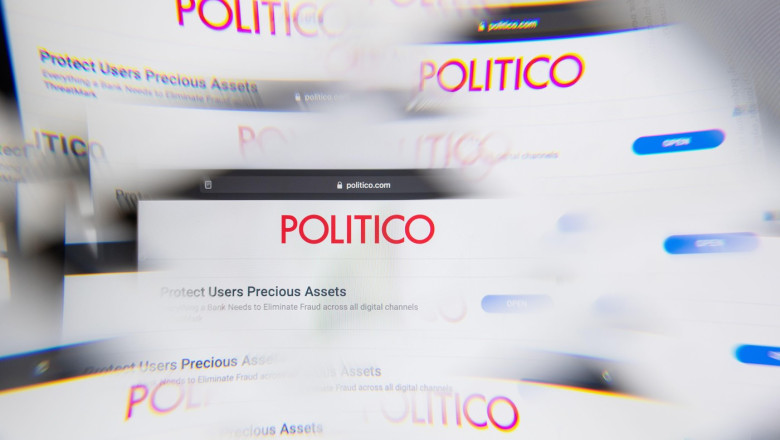 Milan, Italy - APRIL 10, 2021: Politico company logo on laptop screen seen through an optical prism. Illustrative editorial image from Politico compan