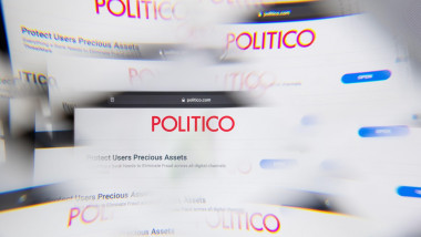 Milan, Italy - APRIL 10, 2021: Politico company logo on laptop screen seen through an optical prism. Illustrative editorial image from Politico compan