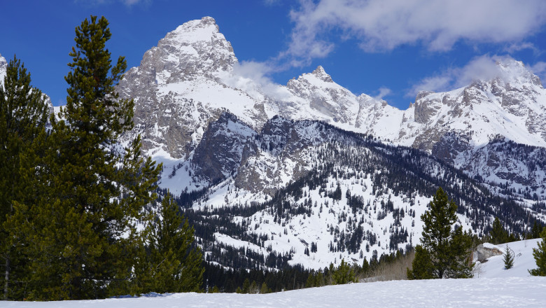 Snow,Covered,Grand,Teton,Mountain,Range,In,Jackson,Hole,,Wyoming