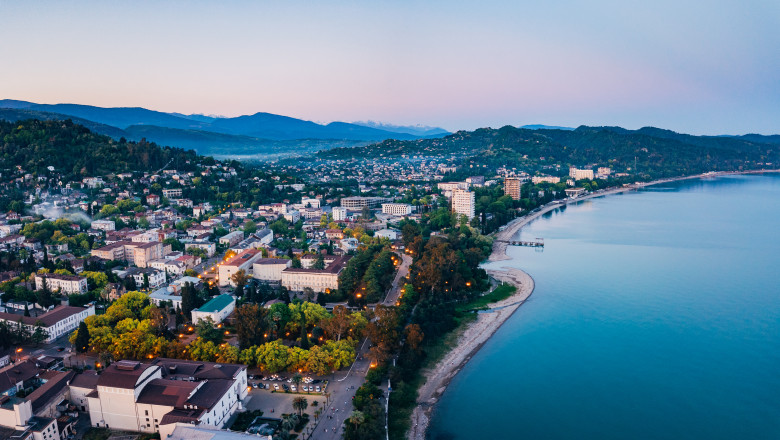 Evening,Resort,Town,Sukhum,,Abkhazia,Aerial,View,From,Drone.