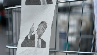 London, UK. 9 October 2019. Donald Trump toilet roll paper is being sold by a vendor outside Westminster tube station. The toilet paper displays the face of the US President on each sheet. According to reports, the White House has officially refused t