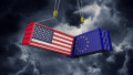 USA and europe trade war concept. Clashing cargo containers. 3D Render