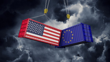 USA and europe trade war concept. Clashing cargo containers. 3D Render