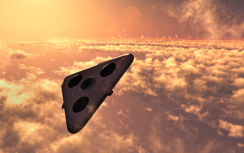 A Mysterious Black Triangular UFO , Flying At High Altitude.