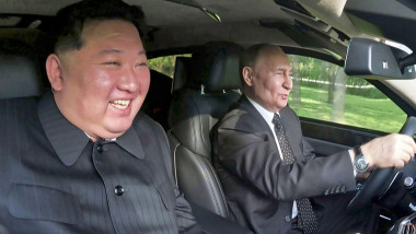 VLADIMIR PUTIN, Russian President, drives Kim Jong Un in North Korea while on a visit in June 2024. Photo: KCNA