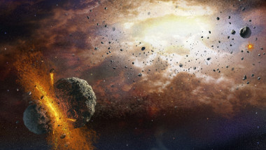 Artwork showing the collision of rocky bodies (planetesimals) in the early solar system